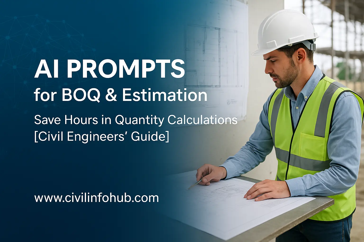 Civil engineer using AI prompts for quantity estimation and BOQ preparation, Engineer reviewing construction drawings for BOQ and estimation workflow, AI tools for BOQ, estimation, and rate analysis in construction projects
