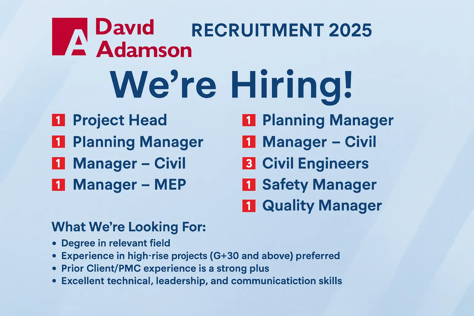 David Adamson India Pvt. Ltd. job vacancies in Hyderabad construction project