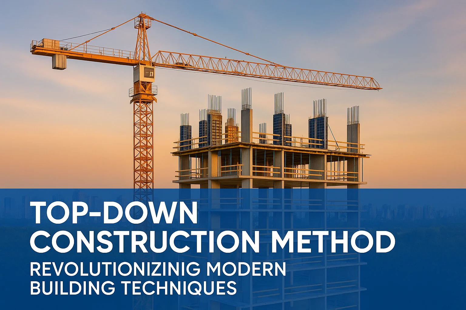 High-rise building under top-down construction with tower crane and exposed concrete structure, representing the simultaneous upward and downward building process used in modern civil engineering techniques