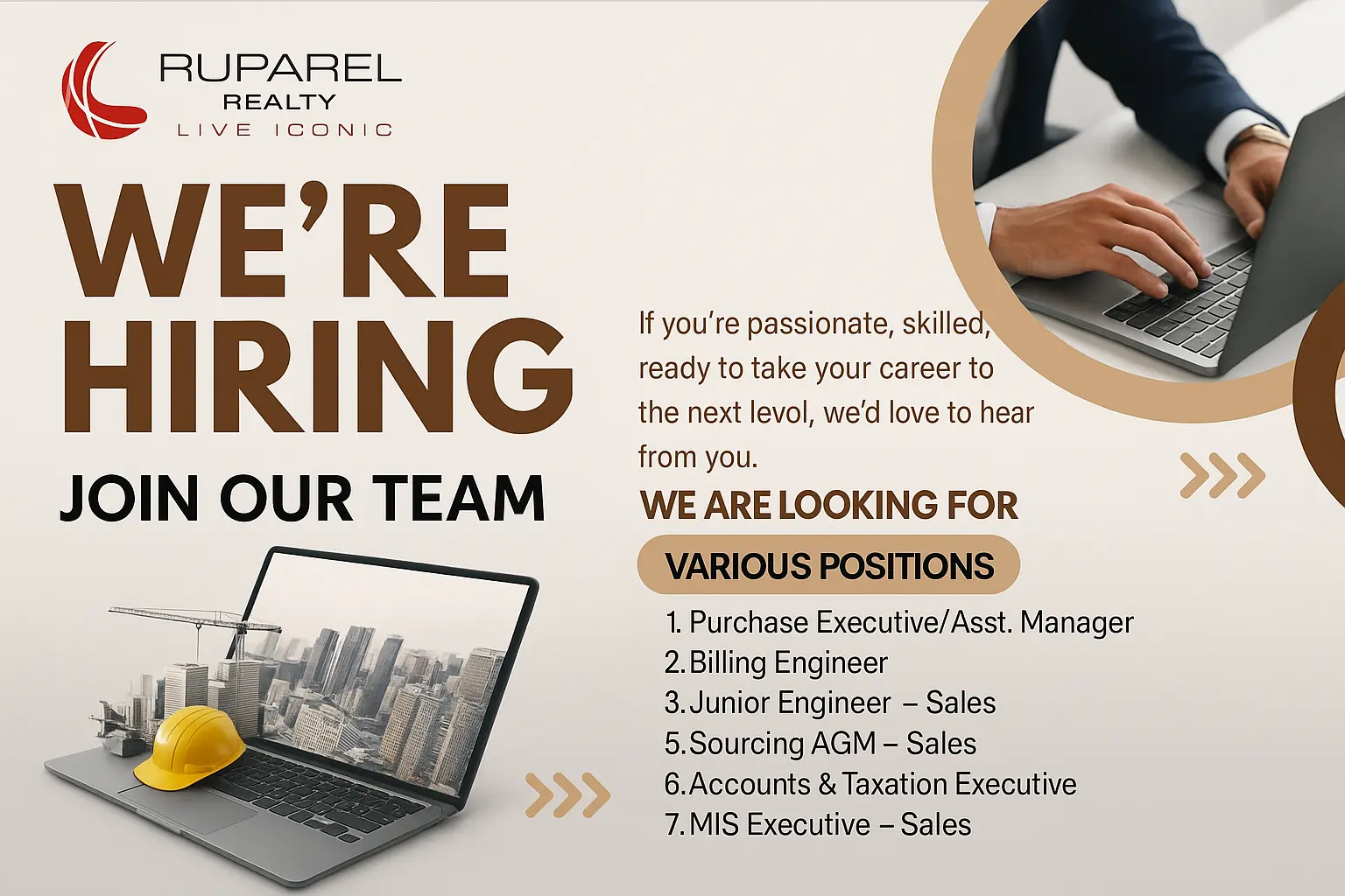 Ruparel Realty Recruitment 2025 feature image showing job openings for civil engineers, billing engineers, purchase executives, sales managers, and accounts professionals, designed with construction visuals and hiring message.