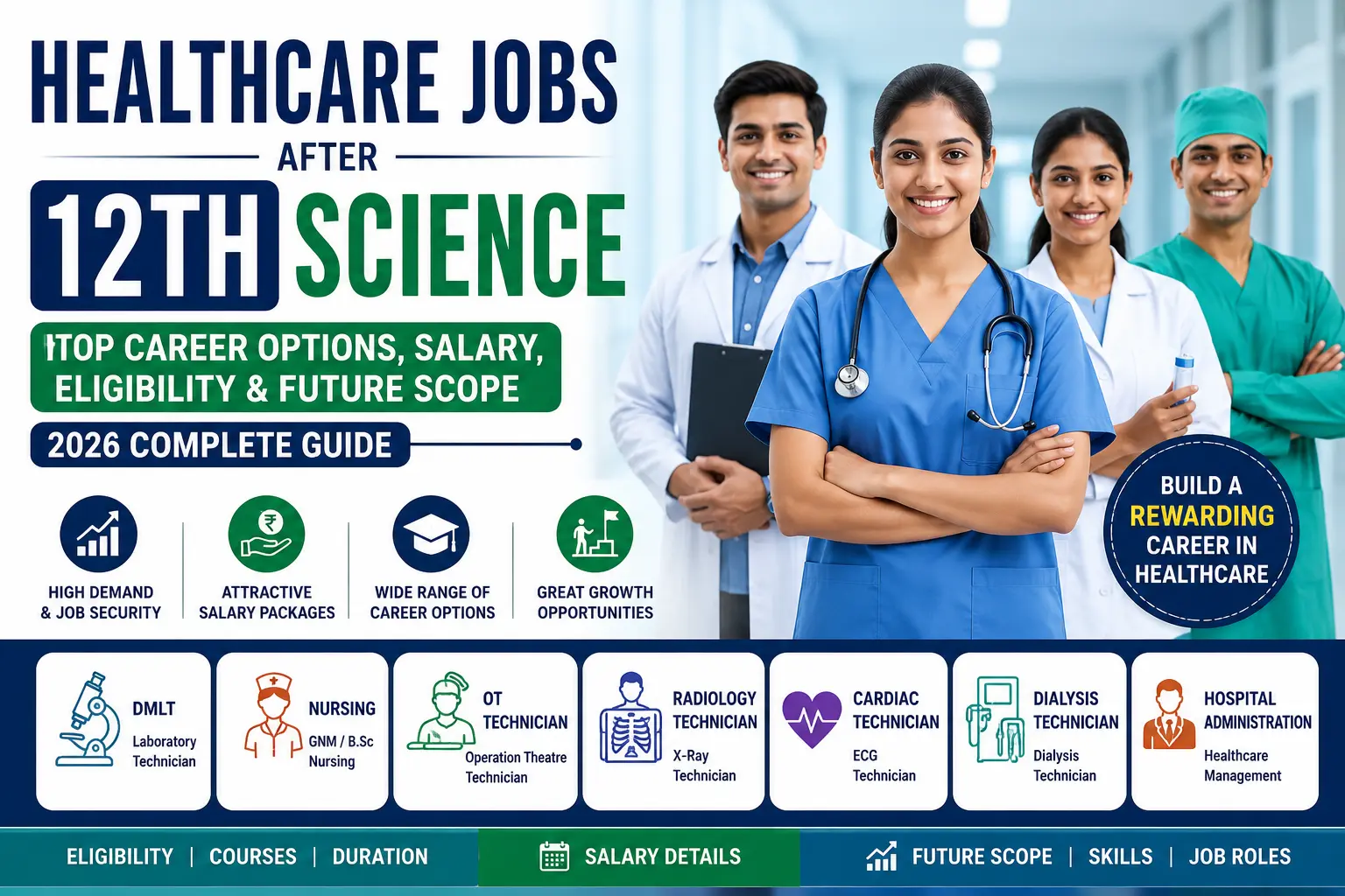 Healthcare Jobs After 12th Science showing career options including DMLT, Nursing, OT Technician, Radiology Technician, Dialysis Technician and Hospital Administration in India.