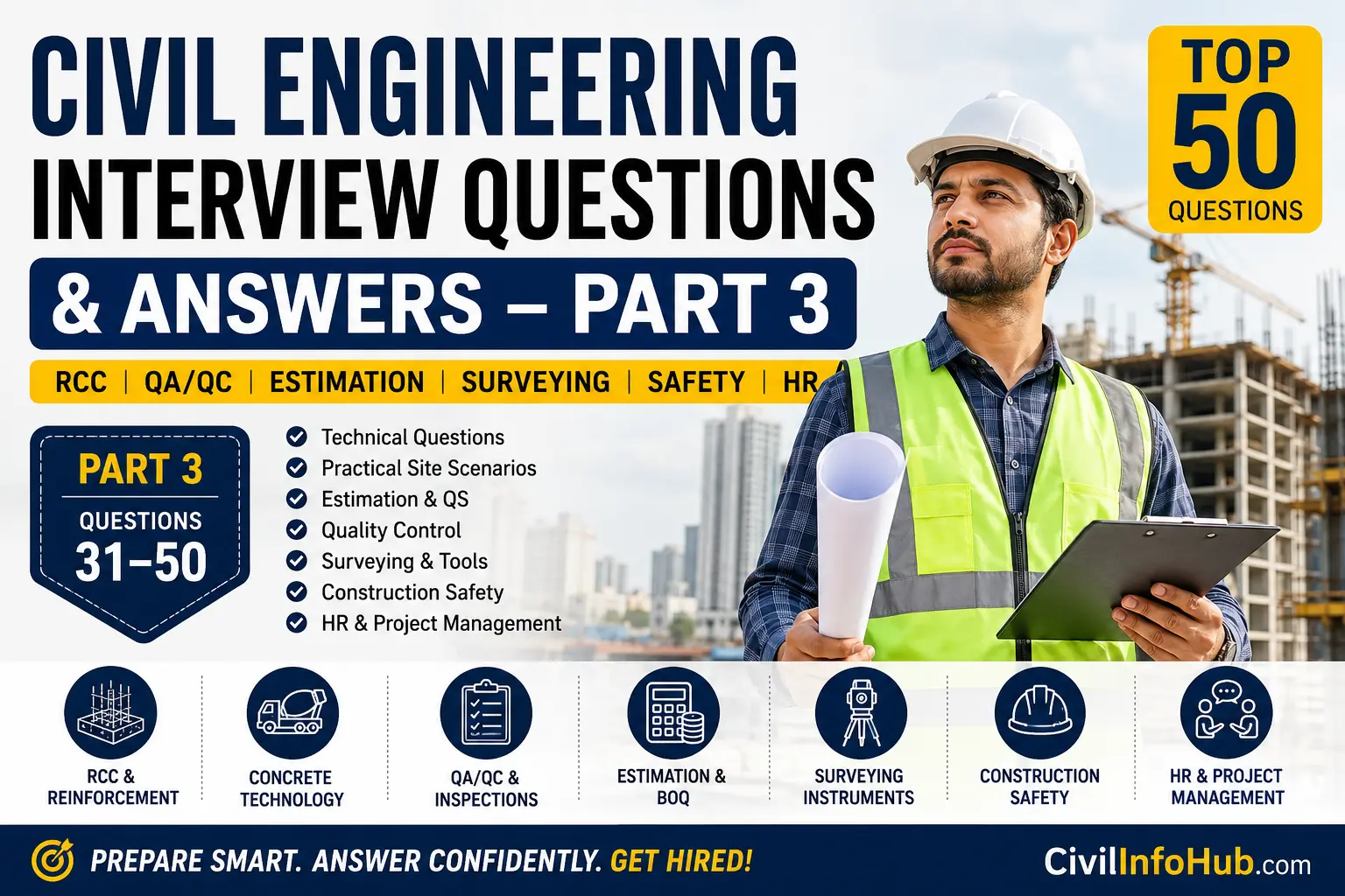 Civil Engineering Interview Questions Part 3 with practical RCC, QA/QC, estimation, surveying, and site engineer interview answers.