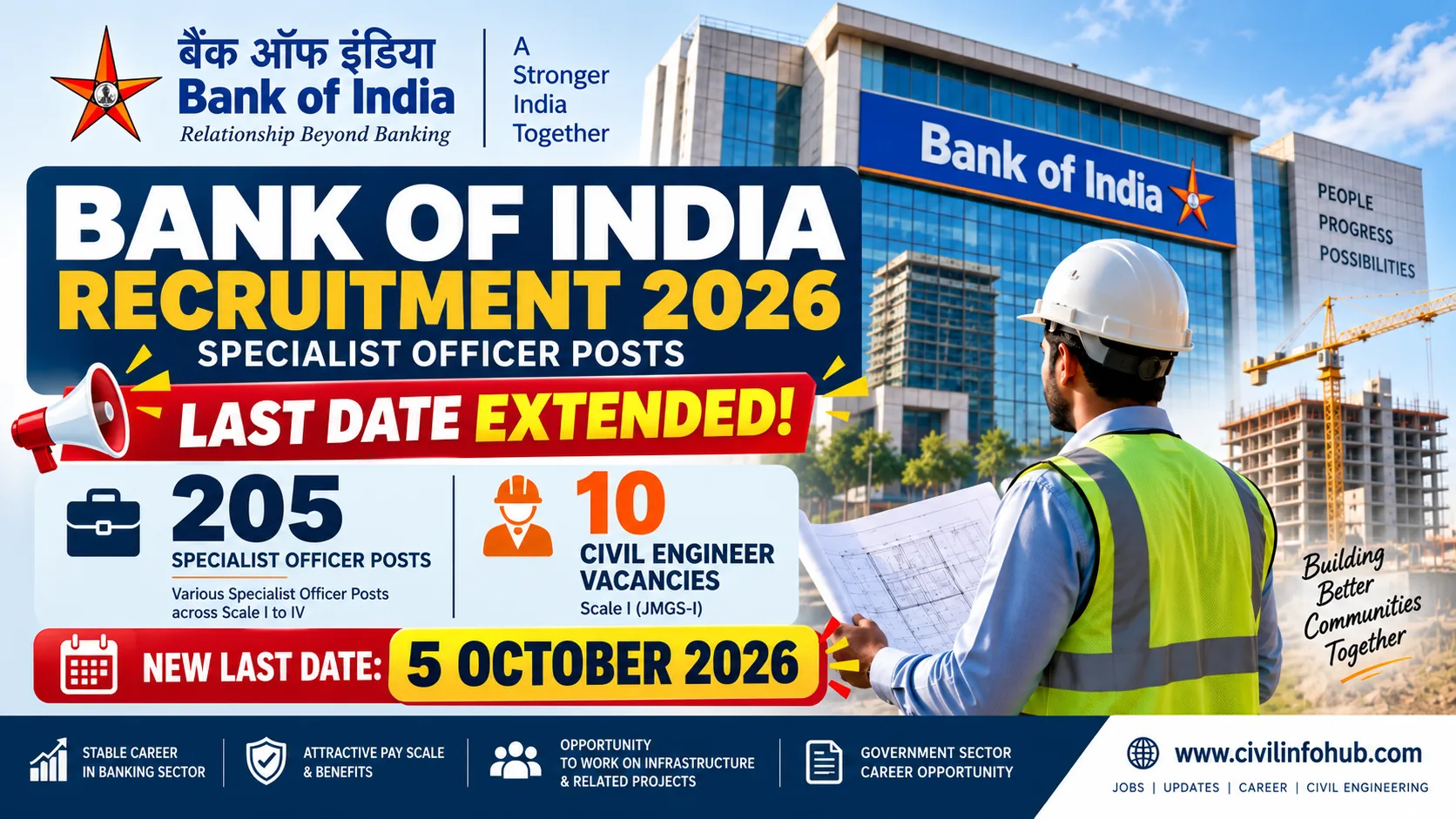 Bank of India Recruitment 2026 last date extended to 5 October 2026 for 205 Specialist Officer posts including 10 Civil Engineer vacancies