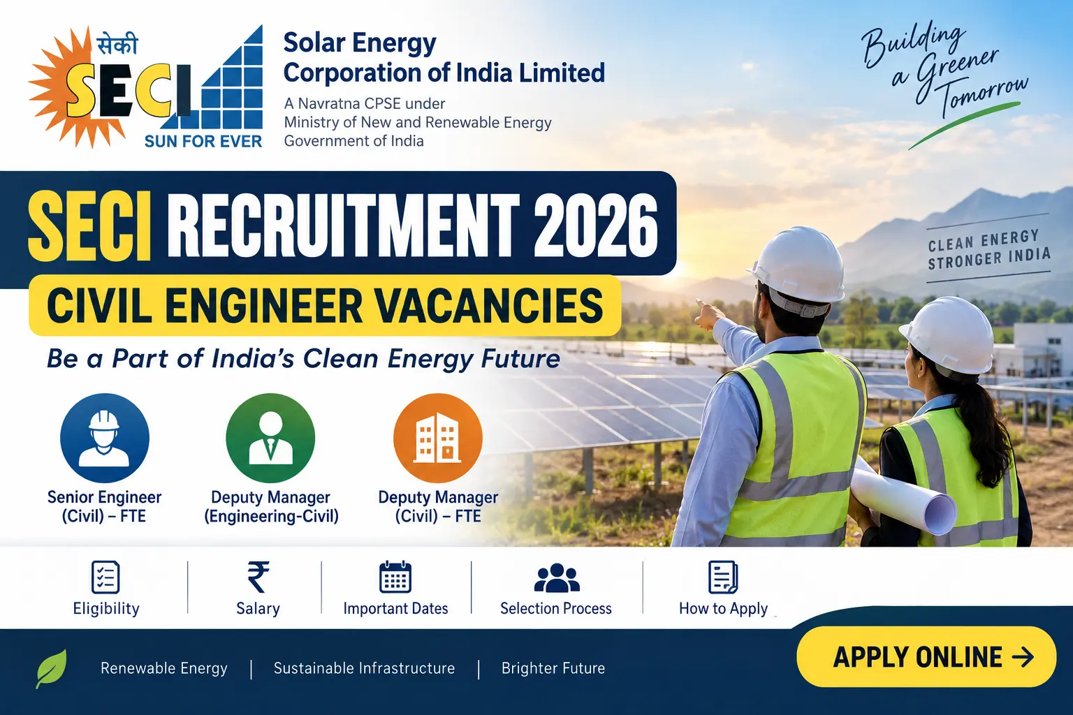 SECI Recruitment 2026 Civil Engineer vacancies for Senior Engineer and Deputy Manager Civil posts